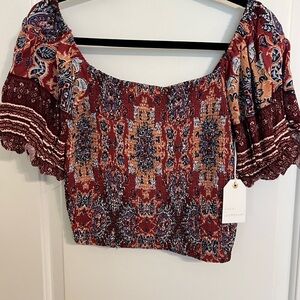 Boho Chic Off-Shoulder Blouse in Red and Blue